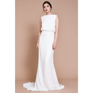 Tadashi Shoji Lilo Back Drape Wedding Gown Ivory 6 Elegant Formal Bridal